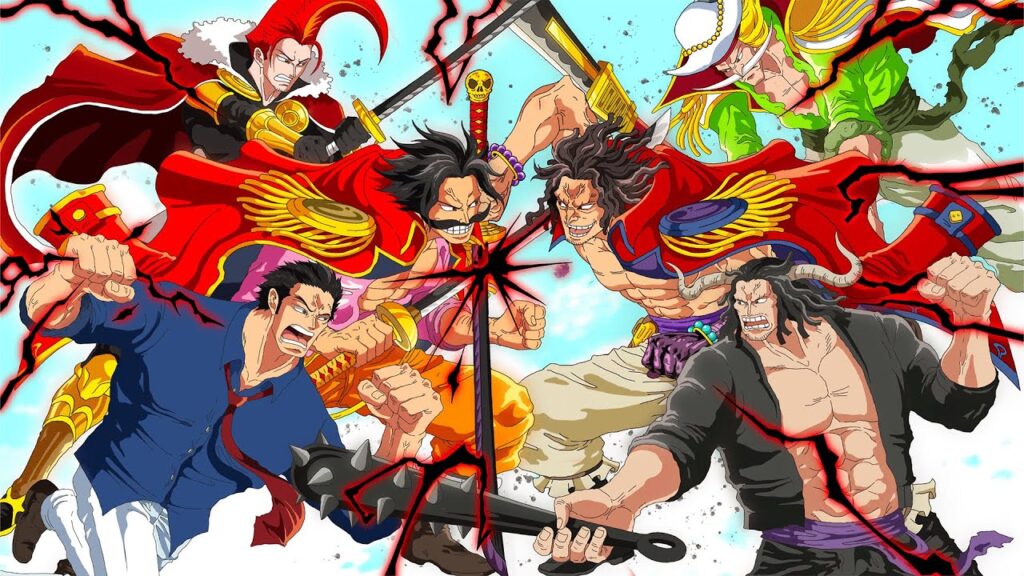 Arte oficial de One Piece Film God Valley mostrando Gol D. Roger, Garp e Rocks D. Xebec