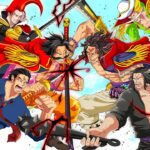 Arte oficial de One Piece Film God Valley mostrando Gol D. Roger, Garp e Rocks D. Xebec
