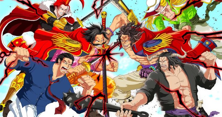 Arte oficial de One Piece Film God Valley mostrando Gol D. Roger, Garp e Rocks D. Xebec