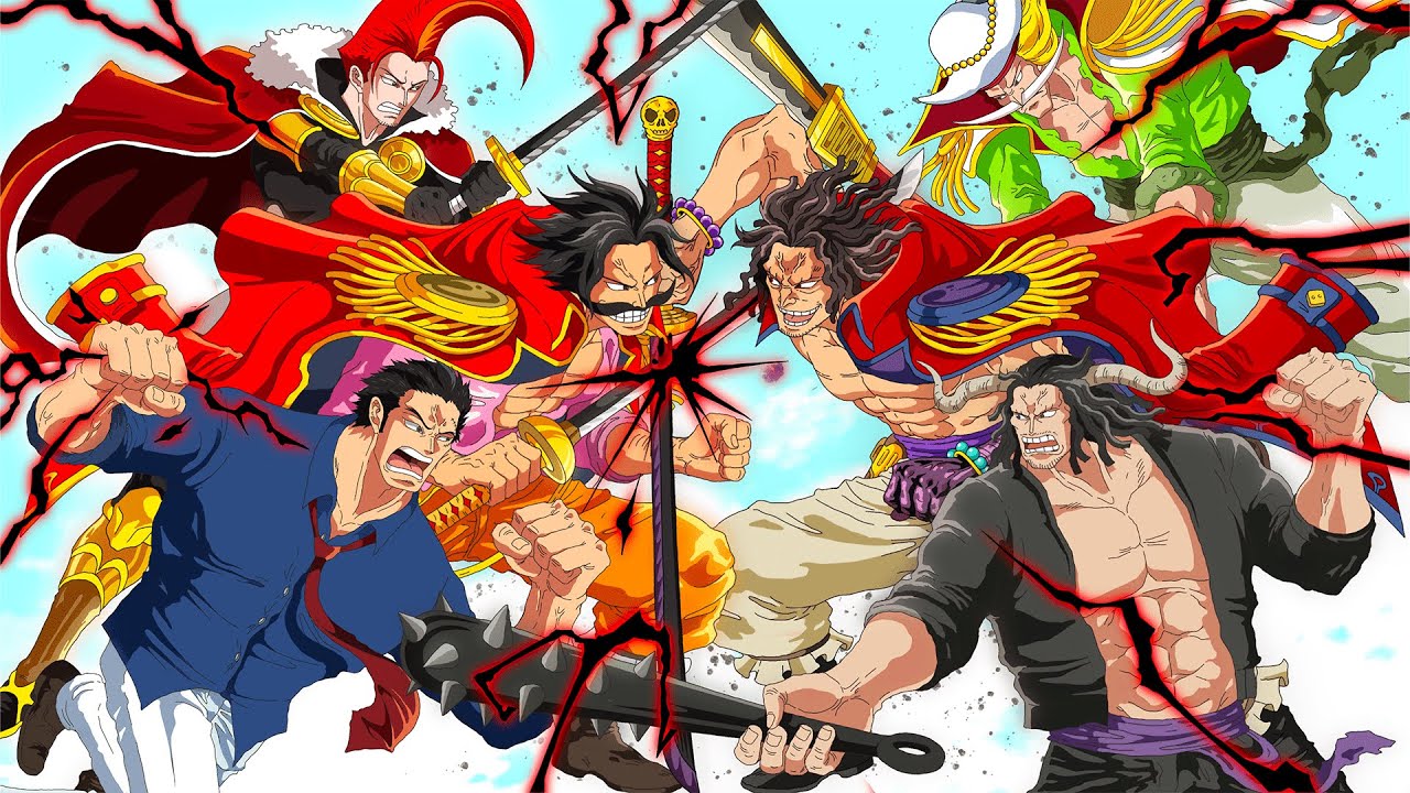 Arte oficial de One Piece Film God Valley mostrando Gol D. Roger, Garp e Rocks D. Xebec