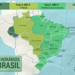Mapa do Brasil dividido nos quatro fusos horários oficiais
