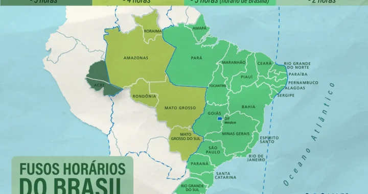 Mapa do Brasil dividido nos quatro fusos horários oficiais